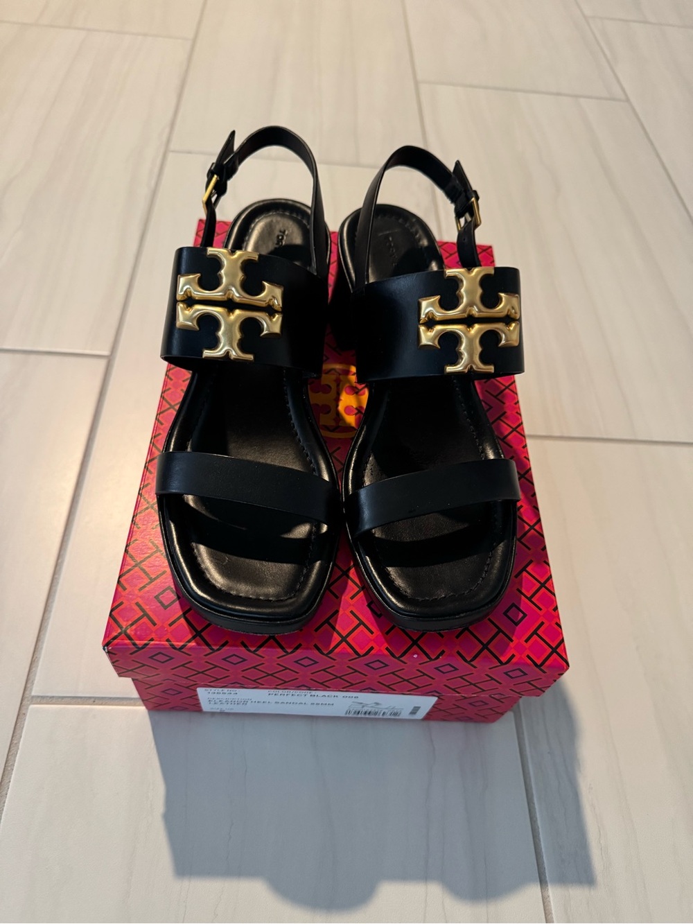 Tory Burch Black Leather Slingback Sandals with Gold Logo - Picture 3 of 6
